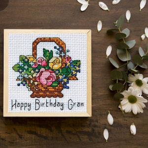 Panier de fleurs, joyeux anniversaire, modèle de point de croix, téléchargement PDF