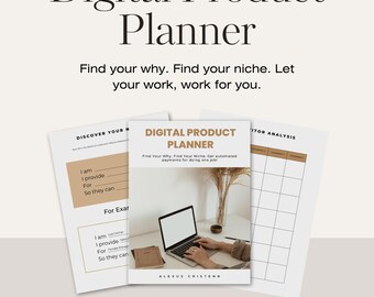 Puede incluir: Un planificador de productos digitales con un esquema de color marrón y blanco. El planificador tiene el texto "Digital Product Planner" en una fuente grande en la parte superior. El texto "Find Your Why. Find Your Niche. Get automated payments for doing one job!" está en una fuente más pequeña debajo del título. El planificador también tiene una sección para "Discover Your Niche" y una sección para "Competitor Analysis".
