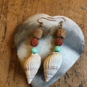 Könnte beinhalten: Ein Paar Ohrringe mit braunen Holzperlen, roten Perlen und türkisfarbenen Perlen. Die Ohrringe sind an einem Paar weißen Muscheln befestigt.