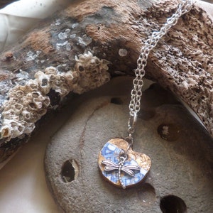 Ceramic heart necklace with silver dragonfly and gold leaf in gift box