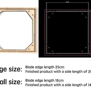 Op de afbeelding: Twee houten frames met een vierkante vorm en een afgeschuinde rand. De frames worden in twee maten getoond: groot en klein. Het grote frame heeft een mesrandlengte van 25 cm en een afgewerkte productzijdelengte van 20 cm. Het kleine frame heeft een mesrandlengte van 18 cm en een afgewerkte productzijdelengte van 14 cm.