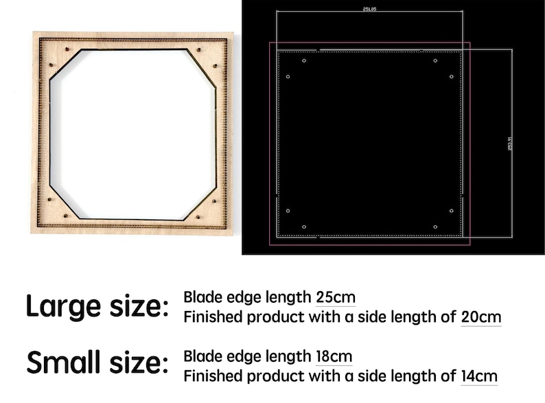 Op de afbeelding: Twee houten frames met een vierkante vorm en een afgeschuinde rand. De frames worden in twee maten getoond: groot en klein. Het grote frame heeft een mesrandlengte van 25 cm en een afgewerkte productzijdelengte van 20 cm. Het kleine frame heeft een mesrandlengte van 18 cm en een afgewerkte productzijdelengte van 14 cm.