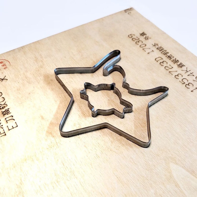 May include: A close-up of a metal die cut for crafting. The die cut is shaped like a star with a smaller star inside. The die cut is on a wooden surface. The text "1333 732D 170263" is visible on the surface.