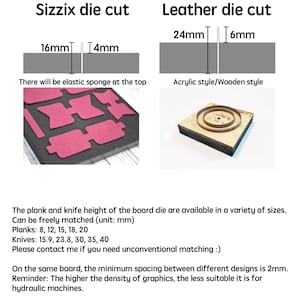 May include: Two die cut templates for crafting. The top image shows a Sizzix die cut with a 16 mm by 14 mm measurement. The bottom image shows a leather die cut with a 24 mm by 6 mm measurement. The text "Acrylic style/Wooden style" is visible in the image.