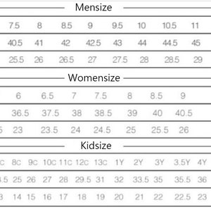 Może przedstawiać: Tabela przedstawiająca konwersję rozmiar&oacute;w obuwia dla mężczyzn, kobiet i dzieci. Tabela pokazuje rozmiary amerykańskie, europejskie i w centymetrach.