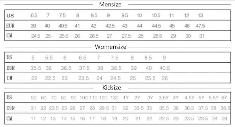 Może przedstawiać: Tabela przedstawiająca konwersję rozmiar&oacute;w obuwia dla mężczyzn, kobiet i dzieci. Tabela pokazuje rozmiary amerykańskie, europejskie i w centymetrach.