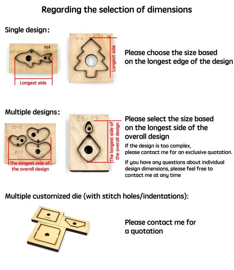 May include: Diagram showing how to measure the size of a custom die for cutting leather. The diagram shows a single design, multiple designs, and multiple customized dies with stitch holes. The text explains that the size should be based on the longest side of the design.