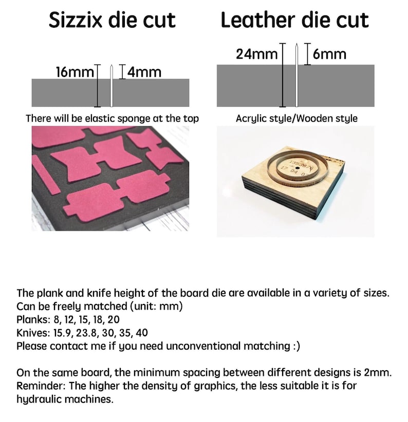 Może przedstawiać: Dwa szablon&oacute;w do wycinania do rękodzieła. G&oacute;rne zdjęcie przedstawia szablon Sizzix o wymiarach 16 mm na 14 mm. Dolne zdjęcie przedstawia szablon sk&oacute;rzany o wymiarach 24 mm na 6 mm. Tekst "Styl akrylowy/Styl drewniany" jest widoczny na zdjęciu.