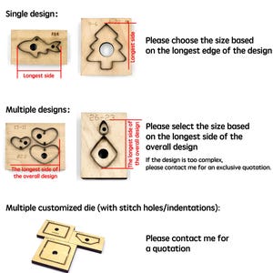 Op de afbeelding: Diagram dat laat zien hoe je de maat van een aangepaste matrijs kunt selecteren op basis van het ontwerp. Het diagram toont een enkel ontwerp, meerdere ontwerpen en meerdere aangepaste matrijzen met steekgaten. De tekst legt uit dat voor enkele ontwerpen de maat moet worden gebaseerd op de langste rand van het ontwerp. Voor meerdere ontwerpen moet de maat worden gebaseerd op de langste zijde van het totale ontwerp. Voor meerdere aangepaste matrijzen, neem contact op met de verkoper voor een offerte.