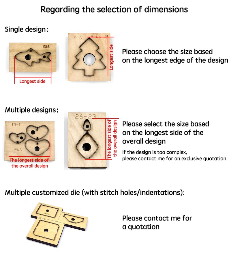 Op de afbeelding: Diagram dat laat zien hoe je de maat van een aangepaste matrijs kunt selecteren op basis van het ontwerp. Het diagram toont een enkel ontwerp, meerdere ontwerpen en meerdere aangepaste matrijzen met steekgaten. De tekst legt uit dat voor enkele ontwerpen de maat moet worden gebaseerd op de langste rand van het ontwerp. Voor meerdere ontwerpen moet de maat worden gebaseerd op de langste zijde van het totale ontwerp. Voor meerdere aangepaste matrijzen, neem contact op met de verkoper voor een offerte.