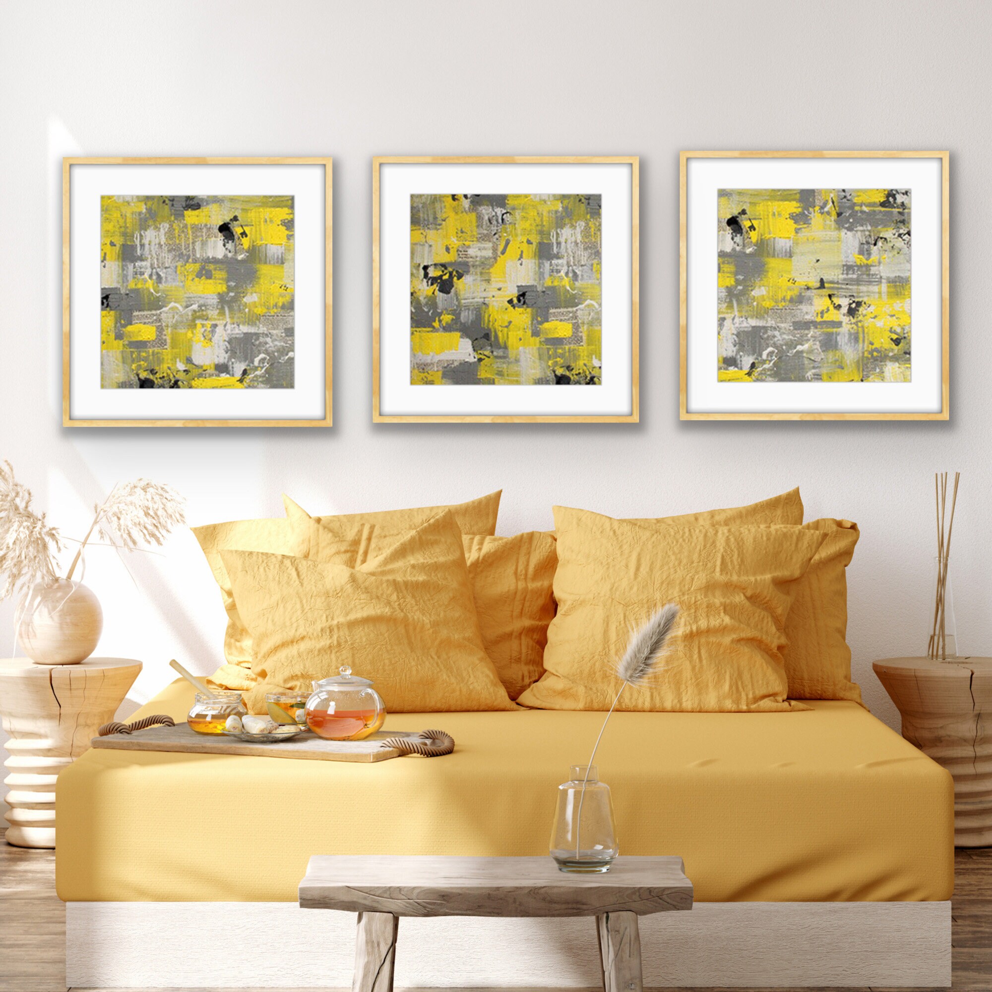 Set of 3 Yellow Gray White Abstract Wall Art Yellow Grey Etsy
