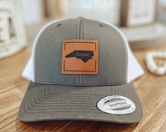 NC Home Leather Patch Hat, Leather Patch Trucker Hat, NC Snapback Hat, Gifts for Men, Gift for Dad, Engraved Leather Patch Hat