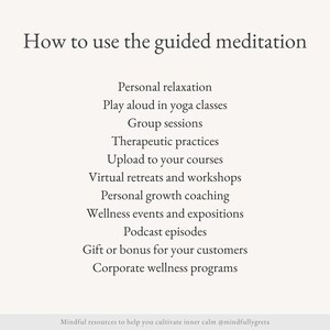 May include: A list of ways to use guided meditation, including personal relaxation, yoga classes, therapeutic practices, and corporate wellness programs. The text "Mindful resources to help you cultivate inner calm @mindfullygreta" is at the bottom of the image.
