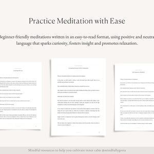 Pu&ograve; includere: Tre pagine di una guida alla meditazione stampabile con il titolo "Pratica la meditazione con facilit&agrave;". La guida include tre diverse meditazioni: "Coltivare l'auto-cura", "Accettare le emozioni con compassione" e "Meditazione della compassione verso se stessi".