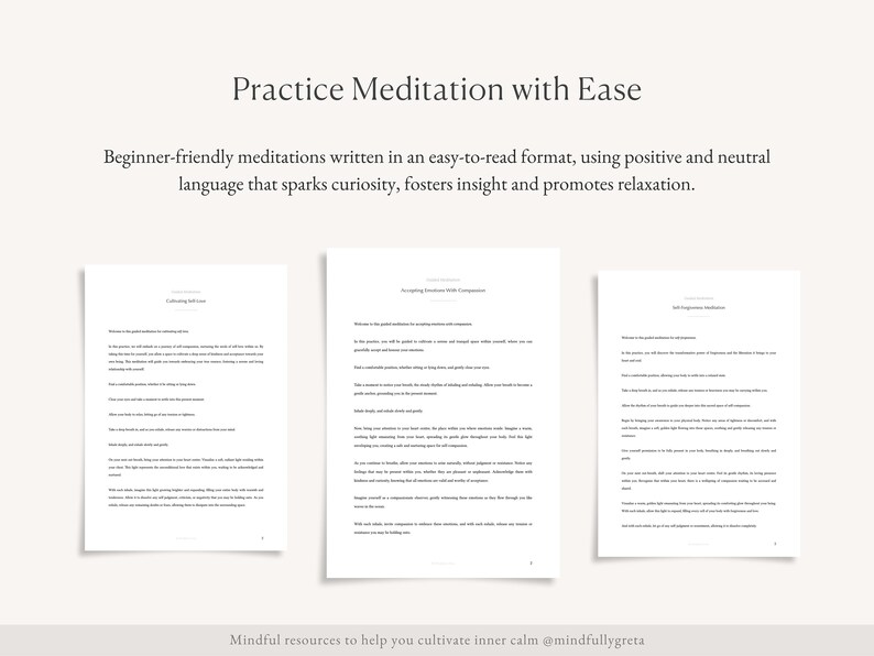Pu&ograve; includere: Tre pagine di una guida alla meditazione stampabile con il titolo "Pratica la meditazione con facilit&agrave;". La guida include tre diverse meditazioni: "Coltivare l'auto-cura", "Accettare le emozioni con compassione" e "Meditazione della compassione verso se stessi".