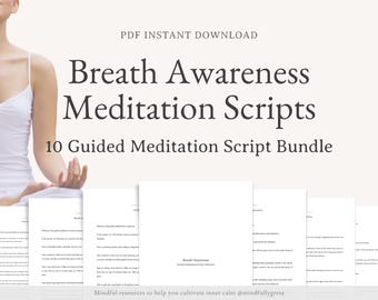 May include: A digital download bundle of 10 guided meditation scripts focused on breath awareness. The text "PDF INSTANT DOWNLOAD" and "Breath Awareness Meditation Scripts" is displayed in black text on a white background. The text "10 Guided Meditation Script Bundle" is displayed in black text on a white background. The text "Mindful resources to help you cultivate inner calm @mindfullygreta" is displayed in black text on a white background.