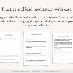 Puede incluir: Tres gu&iacute;as de meditaci&oacute;n imprimibles con los t&iacute;tulos "Enhancing Presence Power", "Awakening Your Inner Goddess" y "Rejuvenate Energy Morning Affirmations". Las gu&iacute;as est&aacute;n escritas en un formato simple y f&aacute;cil de leer y ofrecen afirmaciones positivas e instrucciones para la meditaci&oacute;n.
