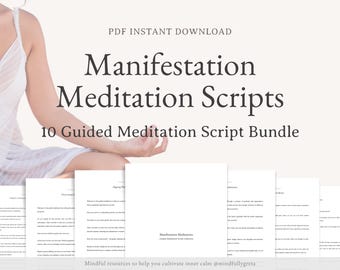 Op de afbeelding: Een vrouw zit in lotushouding met haar handen in mudra. De tekst "Manifestation Meditation Scripts" en "10 Guided Meditation Script Bundle" wordt boven haar weergegeven. De tekst "Mindful resources to help you cultivate inner calm @mindfullygreta" wordt onder haar weergegeven.