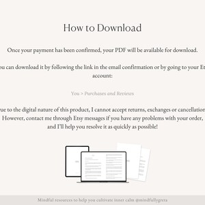 May include: Text on a white background explaining how to download a digital product purchased on Etsy. The text includes instructions on how to download the product and information about returns, exchanges, and cancellations. The image also includes a graphic of a laptop with two open PDF documents.