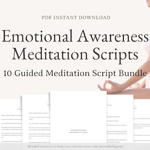 May include: A digital download of 10 guided meditation scripts for emotional awareness. The scripts are designed to help cultivate inner calm. The image shows a person meditating in a yoga pose.