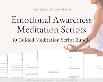 May include: A digital download of 10 guided meditation scripts for emotional awareness. The scripts are designed to help cultivate inner calm. The image shows a person meditating in a yoga pose.