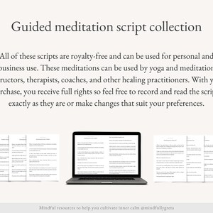 Puede incluir: La pantalla de un ordenador port&aacute;til muestra un guion de meditaci&oacute;n guiada. El guion es libre de derechos y se puede utilizar para uso personal y comercial. El texto en la pantalla dice "Releasing Your Fears Meditation".