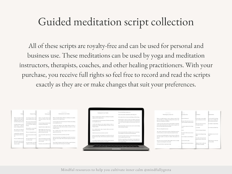 Puede incluir: La pantalla de un ordenador port&aacute;til muestra un guion de meditaci&oacute;n guiada. El guion es libre de derechos y se puede utilizar para uso personal y comercial. El texto en la pantalla dice "Releasing Your Fears Meditation".
