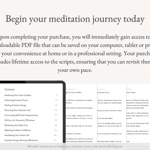 Puede incluir: Una pantalla digital que muestra una tabla de contenido para una gu&iacute;a de meditaci&oacute;n. La gu&iacute;a incluye temas como "Despertar a tu Diosa Interior", "Abrazar el Poder Femenino", "Sanar la Energ&iacute;a Femenina", "Nutrir tu Alma Femenina", "Superar el Empoderamiento de la Duda Propia", "Autoamor para la Plenitud de la Feminidad", "Reclamar el Amor de tu Cuerpo", "Irradiar Confianza de Diosa", "Manifestar la Vida de tus Sue&ntilde;os" y "Afirmaciones Matutinas de Energ&iacute;a Femenina".