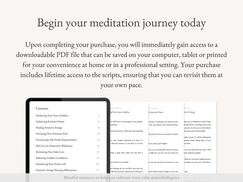 Puede incluir: Una pantalla digital que muestra una tabla de contenido para una gu&iacute;a de meditaci&oacute;n. La gu&iacute;a incluye temas como "Despertar a tu Diosa Interior", "Abrazar el Poder Femenino", "Sanar la Energ&iacute;a Femenina", "Nutrir tu Alma Femenina", "Superar el Empoderamiento de la Duda Propia", "Autoamor para la Plenitud de la Feminidad", "Reclamar el Amor de tu Cuerpo", "Irradiar Confianza de Diosa", "Manifestar la Vida de tus Sue&ntilde;os" y "Afirmaciones Matutinas de Energ&iacute;a Femenina".