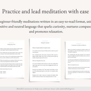 May include: Three printable pages with guided meditation instructions. The pages are white with black text and the titles are "Soothing Away a Fear", "Easing Into Awareness", and "Creating Space for Reflection and Relaxation".
