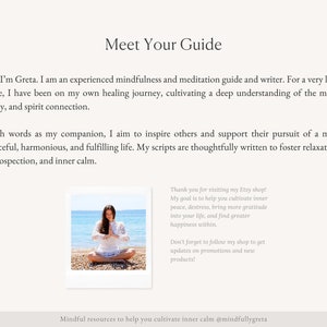 Pu&ograve; includere: Una donna seduta a gambe incrociate su una spiaggia, meditando con le mani in posizione di preghiera. Il testo "Meet Your Guide" &egrave; nella parte superiore dell'immagine. Il testo "Mindful resources to help you cultivate inner calm @mindfullygreta" &egrave; nella parte inferiore dell'immagine.