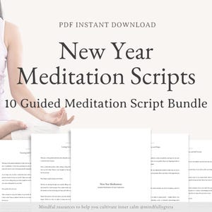 Könnte beinhalten: Ein digitaler Download von 10 geführten Meditations-Skripten für das neue Jahr. Die Skripte sollen helfen, innere Ruhe zu kultivieren. Das Bild zeigt eine Frau, die meditiert, vor einem weißen Hintergrund.