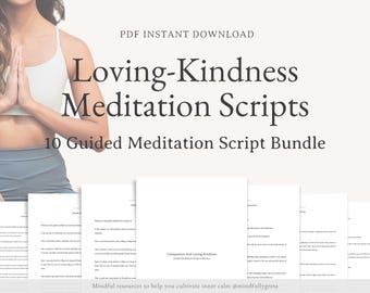 May include: A digital download of 10 guided meditation scripts for loving-kindness meditation. The scripts are designed to help cultivate inner calm. The image shows a woman meditating in a yoga pose.