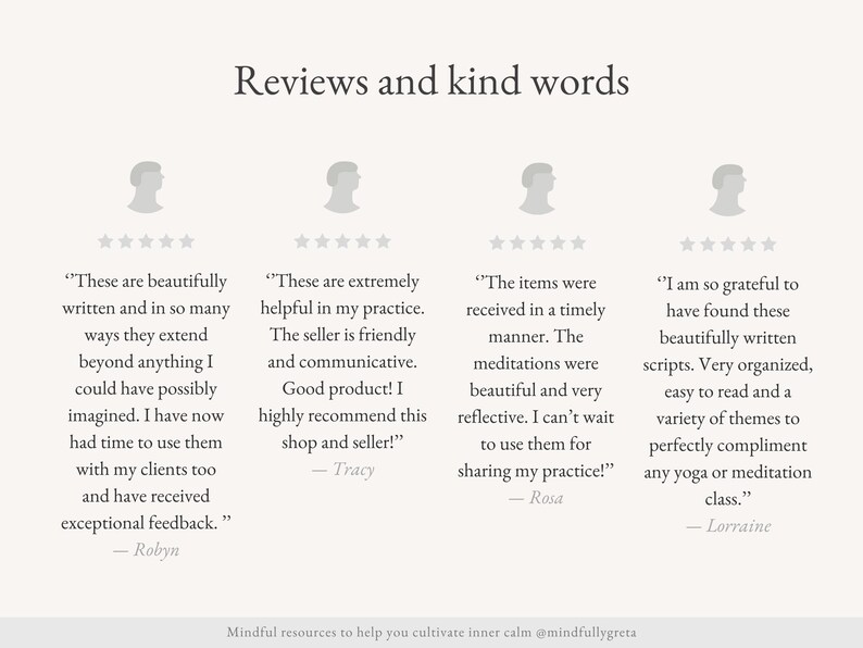 May include: Four customer reviews with five-star ratings for a product or service. The reviews highlight the quality, helpfulness, and timeliness of the product. The reviews are written by Robyn, Tracy, Rosa, and Lorraine.