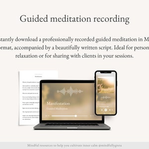 May include: A laptop computer screen displaying a guided meditation audio file titled "Manifestation". The audio player shows a progress bar and a blurred background image of a sunset. The text "Mindful resources to help you cultivate inner calm @mindfullygreta" is at the bottom of the image.