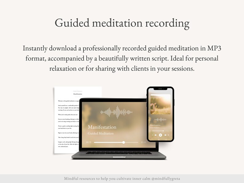 May include: A laptop computer screen displaying a guided meditation audio file titled "Manifestation". The audio player shows a progress bar and a blurred background image of a sunset. The text "Mindful resources to help you cultivate inner calm @mindfullygreta" is at the bottom of the image.
