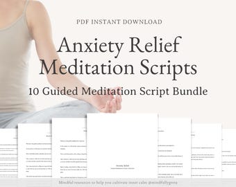 May include: A woman sits in a meditative pose with her hands in her lap. The image is a product listing for a bundle of 10 guided meditation scripts for anxiety relief. The text on the image reads "PDF Instant Download Anxiety Relief Meditation Scripts 10 Guided Meditation Script Bundle Mindful resources to help you cultivate inner calm @mindfullygreta"