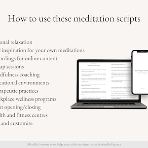 Puede incluir: Un port&aacute;til y un tel&eacute;fono inteligente que muestran guiones de meditaci&oacute;n. El texto en el port&aacute;til dice "Anclando tu br&uacute;jula interior" y el texto en el tel&eacute;fono inteligente dice "Nutrir la feminidad Meditaciones guiadas". El texto en la imagen dice "C&oacute;mo usar estos guiones de meditaci&oacute;n" y enumera varios usos para los guiones, incluida la relajaci&oacute;n personal, las sesiones grupales, la orientaci&oacute;n de la atenci&oacute;n plena y m&aacute;s.