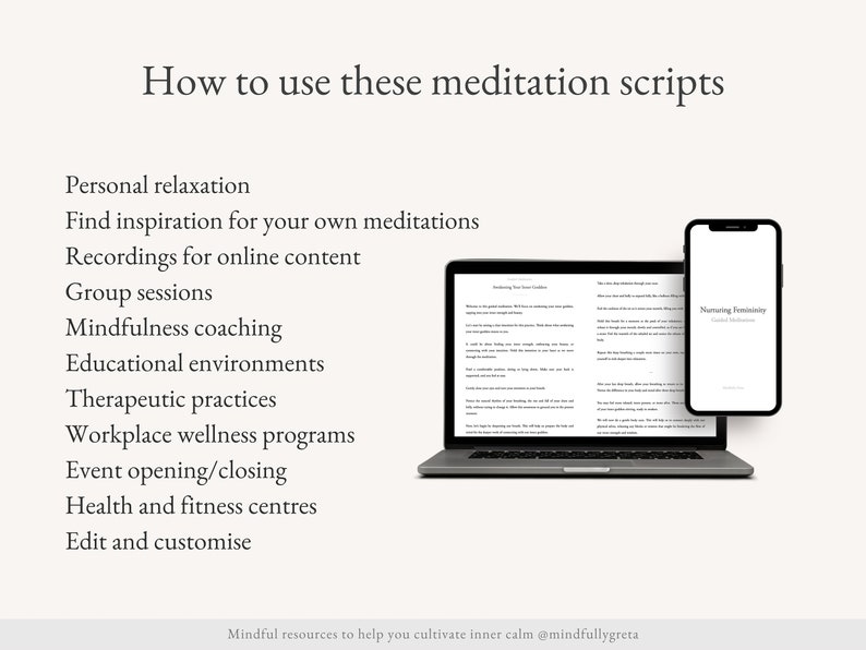 Puede incluir: Un port&aacute;til y un tel&eacute;fono inteligente que muestran guiones de meditaci&oacute;n. El texto en el port&aacute;til dice "Anclando tu br&uacute;jula interior" y el texto en el tel&eacute;fono inteligente dice "Nutrir la feminidad Meditaciones guiadas". El texto en la imagen dice "C&oacute;mo usar estos guiones de meditaci&oacute;n" y enumera varios usos para los guiones, incluida la relajaci&oacute;n personal, las sesiones grupales, la orientaci&oacute;n de la atenci&oacute;n plena y m&aacute;s.
