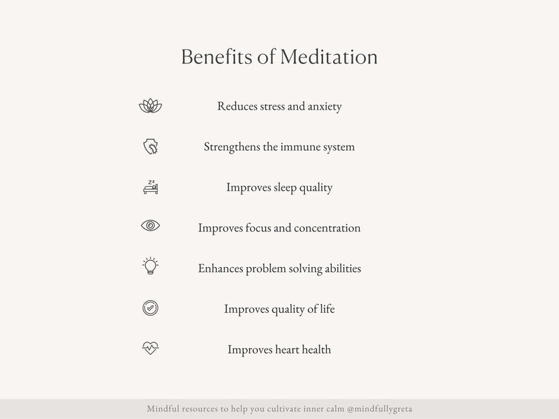 May include: A list of benefits of meditation, including reducing stress and anxiety, strengthening the immune system, improving sleep quality, improving focus and concentration, enhancing problem-solving abilities, improving quality of life, and improving heart health.