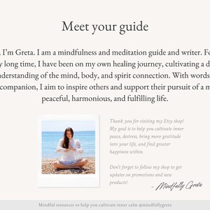 May include: A woman sits cross-legged on a beach, meditating with her hands in a prayer position. She is wearing a white dress and has long brown hair. The text "Mindfully Greta" is written in cursive at the bottom of the image.