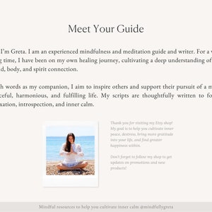 May include: A woman sits cross-legged on a beach, meditating with her hands in a prayer position. She is wearing a white dress and has long brown hair. The text "Meet Your Guide" is at the top of the image. The text "Mindful resources to help you cultivate inner calm @mindfullygreta" is at the bottom of the image.