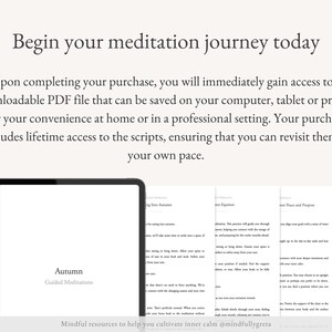 May include: A digital tablet displaying a PDF document titled "Autumn Guided Meditations". The document is part of a set of mindful resources to help cultivate inner calm.