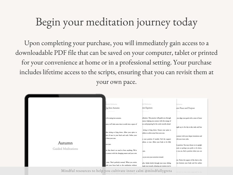 May include: A digital tablet displaying a PDF document titled "Autumn Guided Meditations". The document is part of a set of mindful resources to help cultivate inner calm.