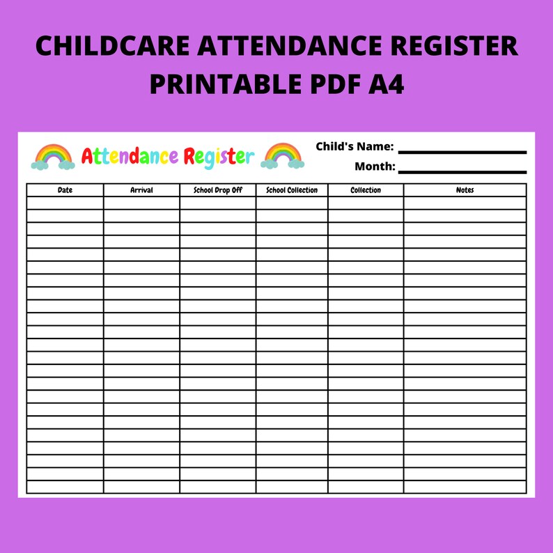 Childcare Attendance Register Roster Monthly Attendance - Etsy