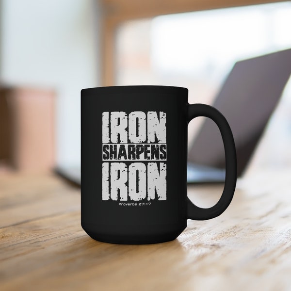 Iron Sharpens Iron Proverbs 27:17 15 Ounce Black Ceramic Coffee Mug, Bible Verse Mug for Men