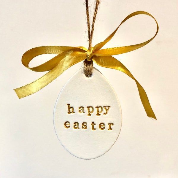 Personalised Easter Decoration - Happy Easter - Clay Decoration - Gold - Easter Egg Gift Tag