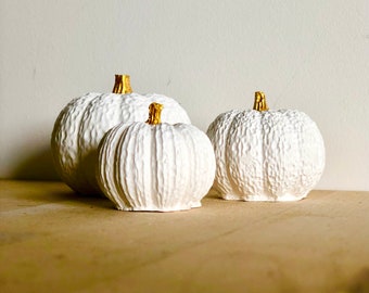 Handmade White Pumpkins with Gold Stalks: Autumn Decor, Set of Three