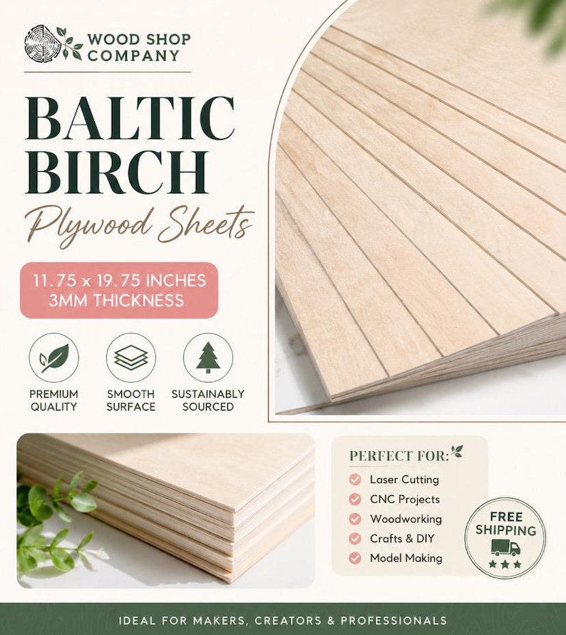 3mm Baltic Birch Plywood Sheets (1/8"): Laser Wood, CNC, Glowforge (11.75x19.75) afbeelding 3