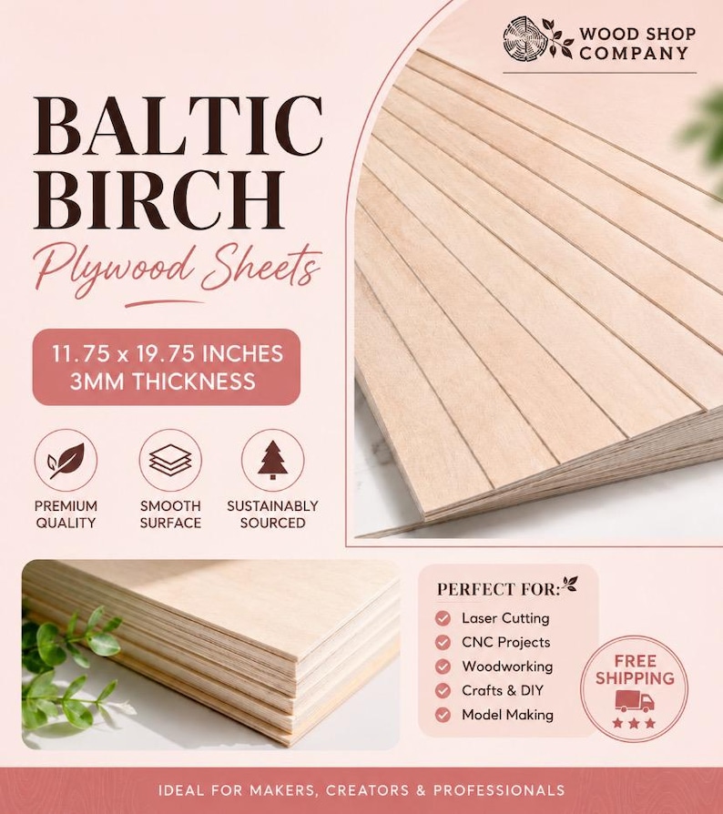 3mm Baltic Birch Plywood Sheets (1/8"): Laser Wood, CNC, Glowforge (11.75x19.75) afbeelding 2